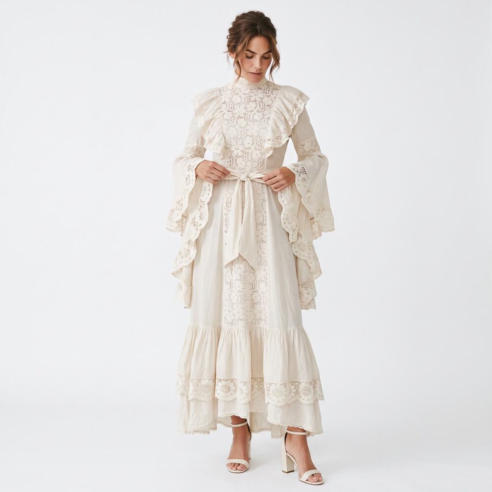 VINTAGE Handmade Lace Gunne Sax Style High-Neck Bell Sleeve Floor Length Gown
